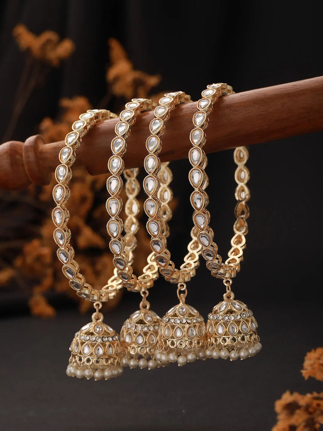 Set Of 4 Gold-Plated Kundan-Studded & Pearls-Beaded Bangles