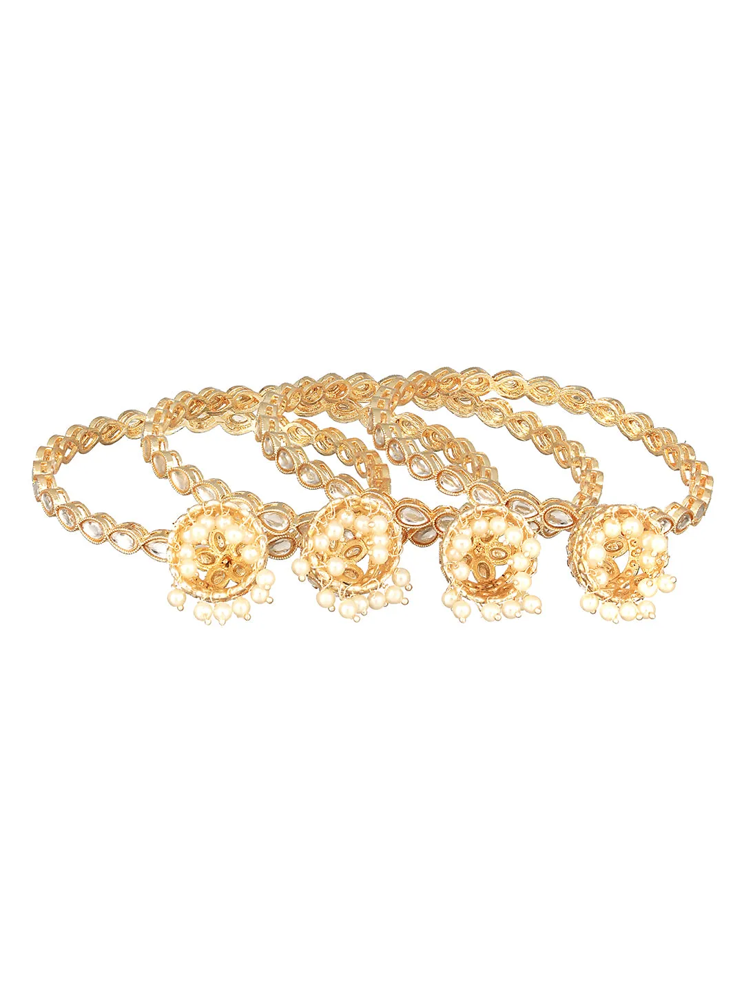Set Of 4 Gold-Plated Kundan-Studded & Pearls-Beaded Bangles