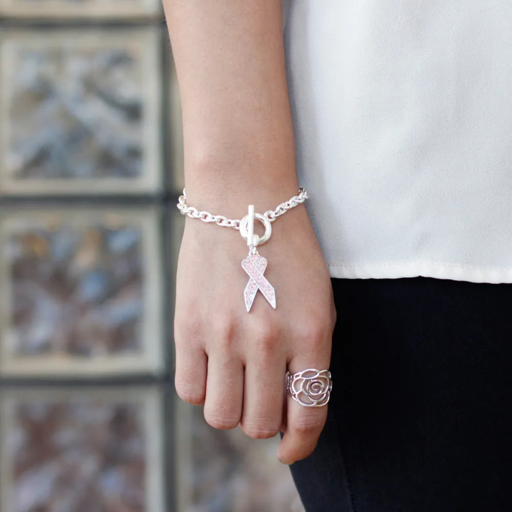 Silver Pink Ribbon Charm Toggle Bracelet