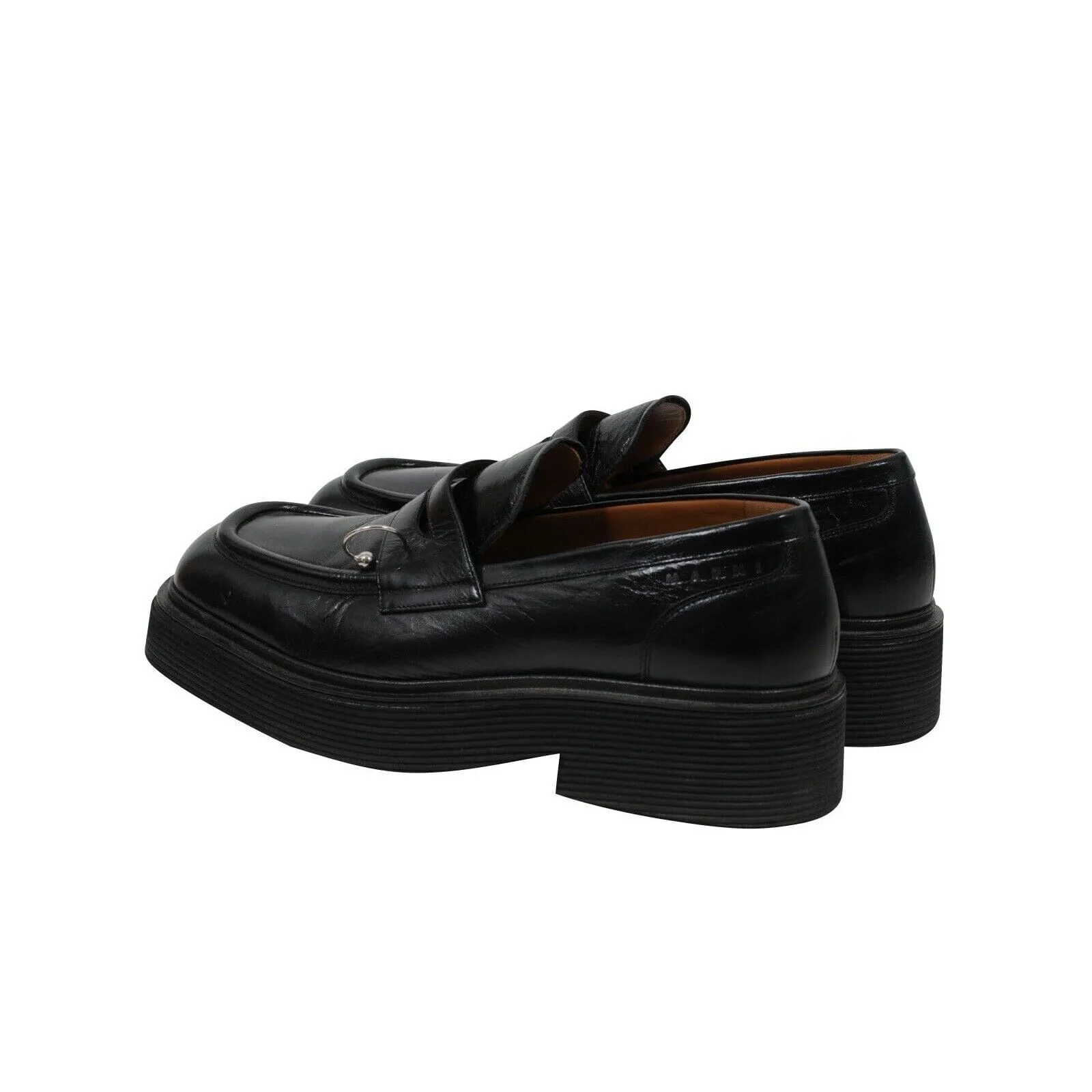 Square Toe Platform Loafers  Black Leather Metal Ring Derby