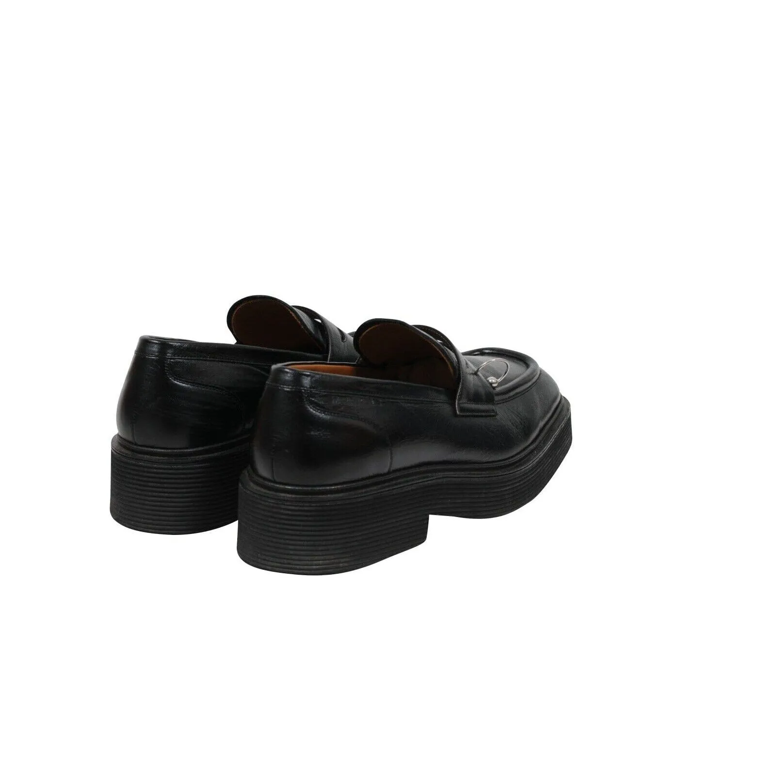Square Toe Platform Loafers  Black Leather Metal Ring Derby