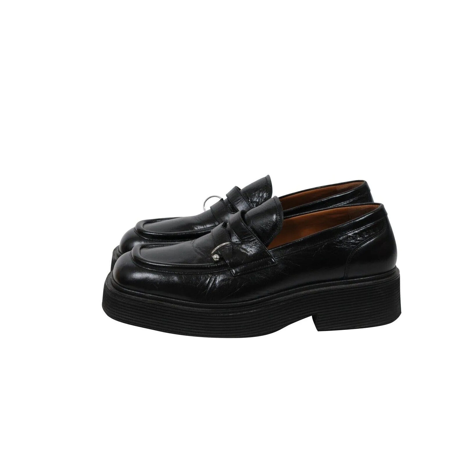 Square Toe Platform Loafers  Black Leather Metal Ring Derby