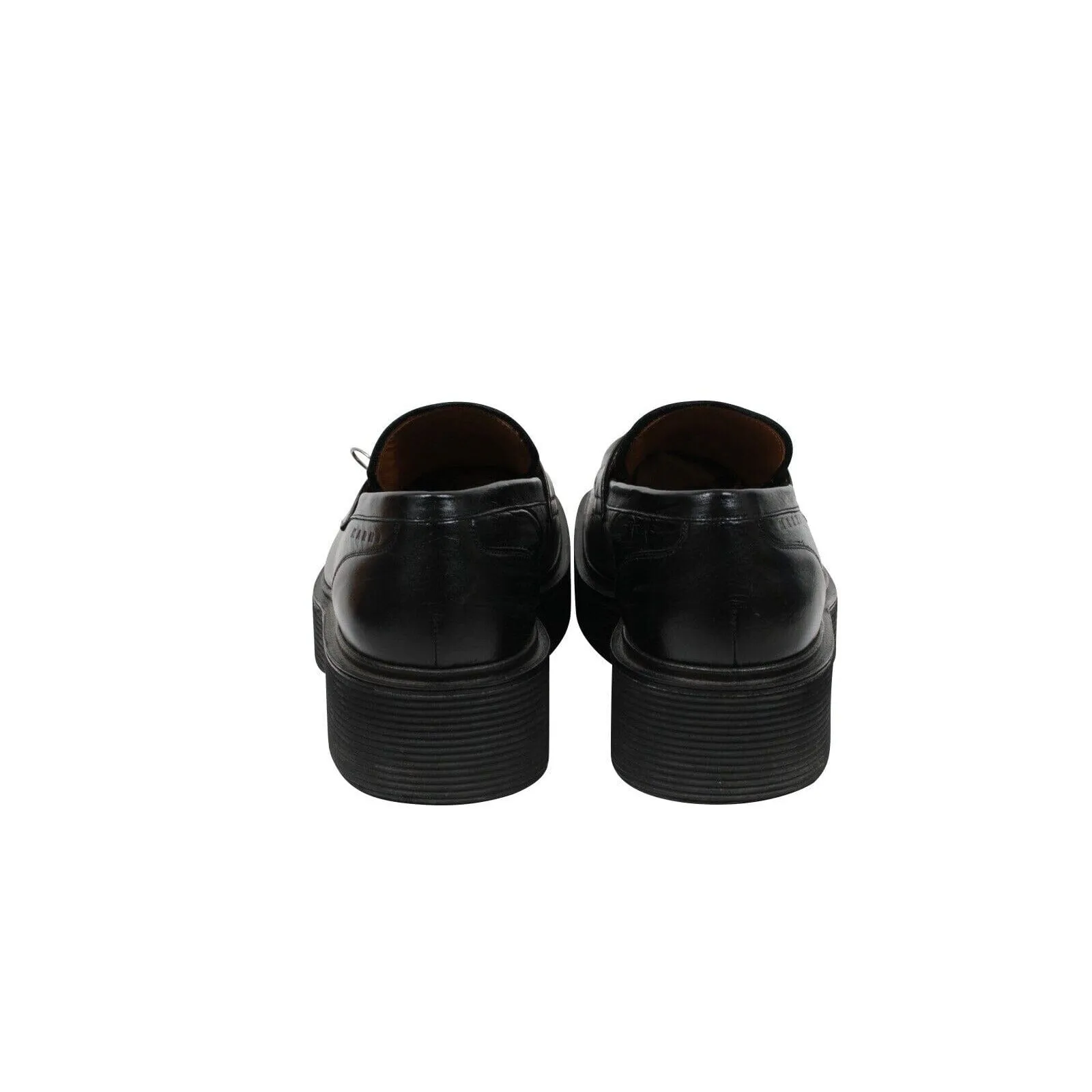 Square Toe Platform Loafers  Black Leather Metal Ring Derby