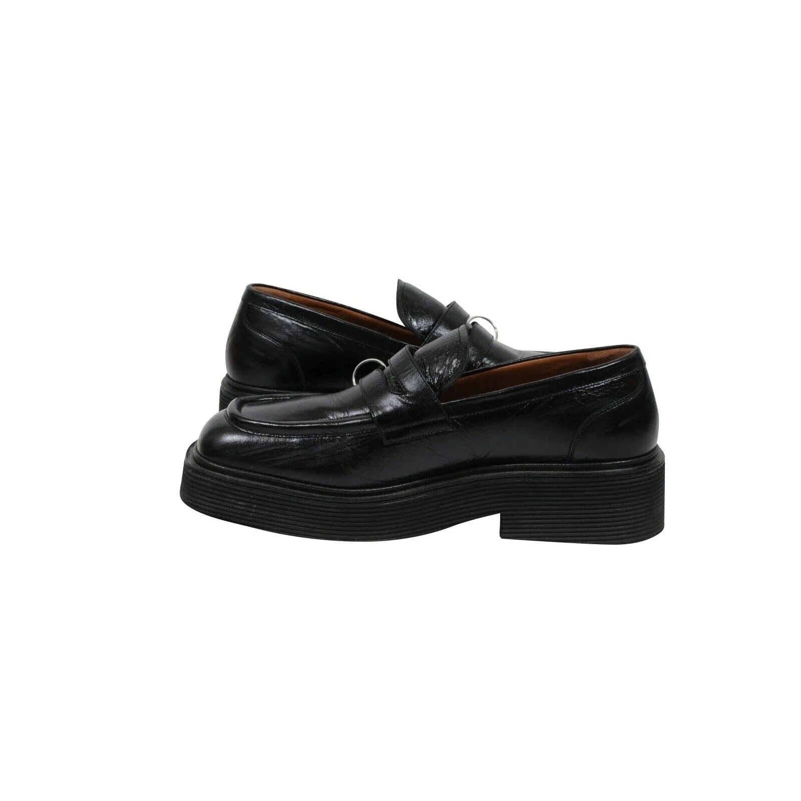 Square Toe Platform Loafers  Black Leather Metal Ring Derby