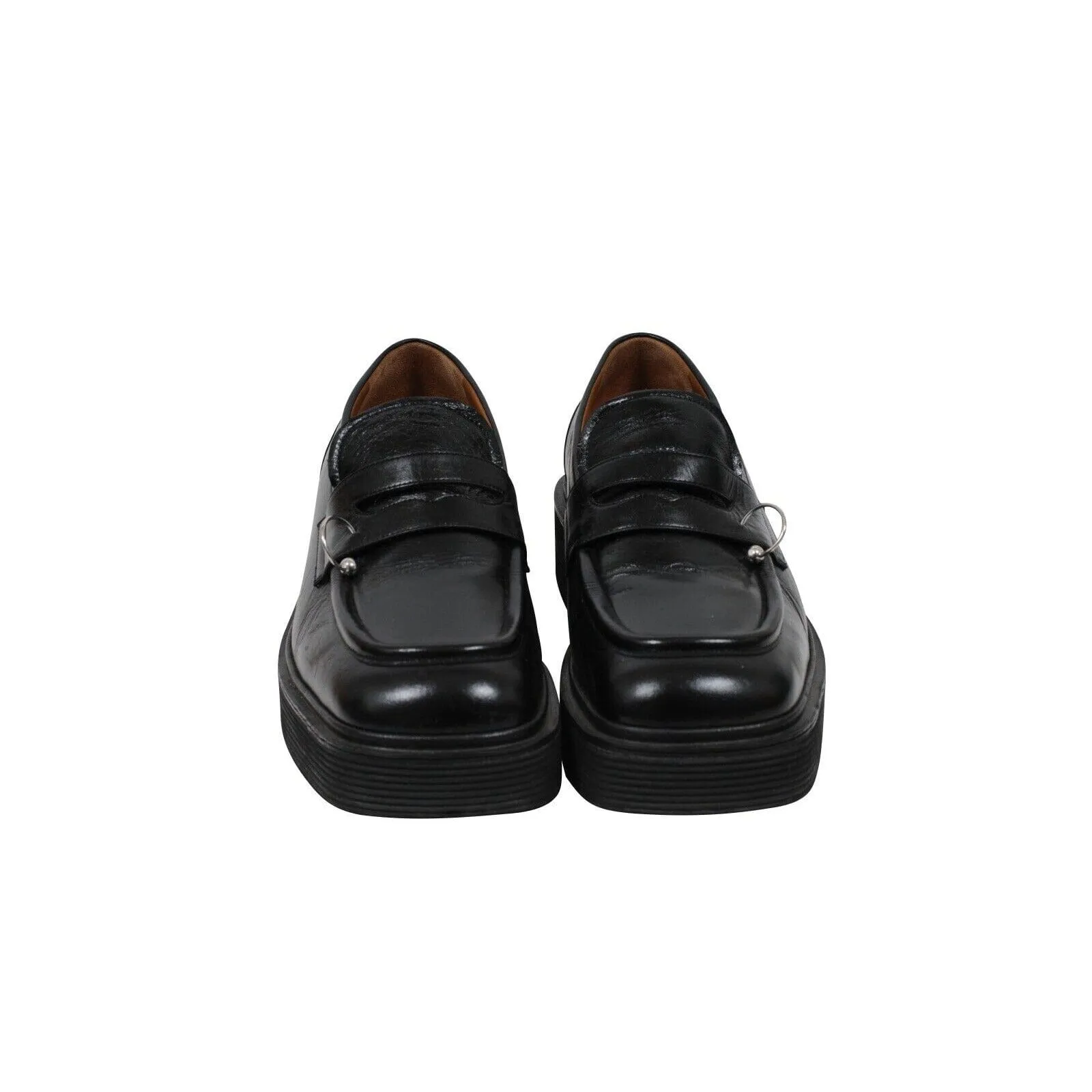 Square Toe Platform Loafers  Black Leather Metal Ring Derby