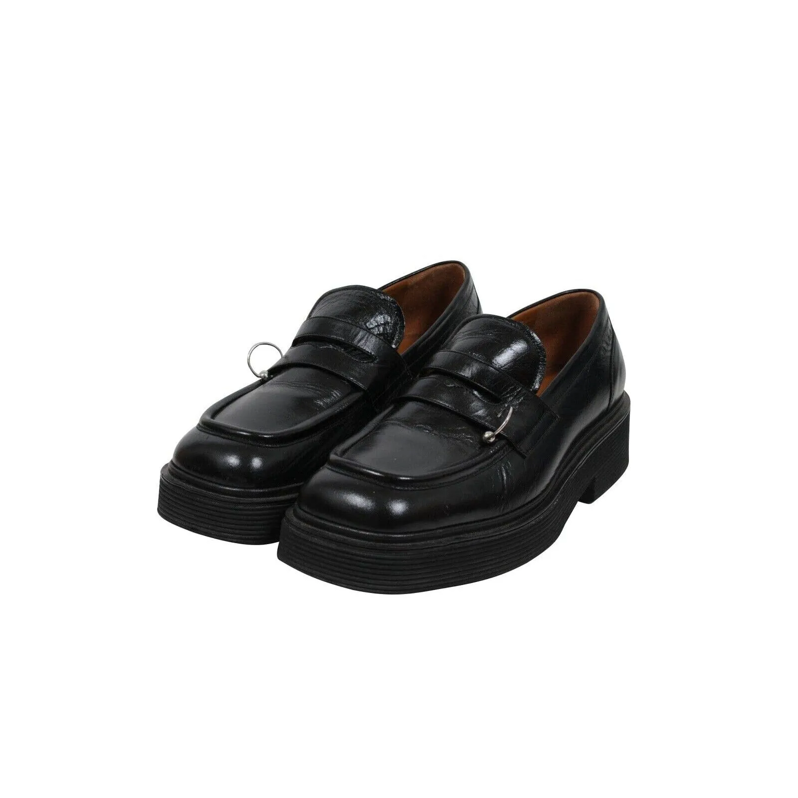 Square Toe Platform Loafers  Black Leather Metal Ring Derby