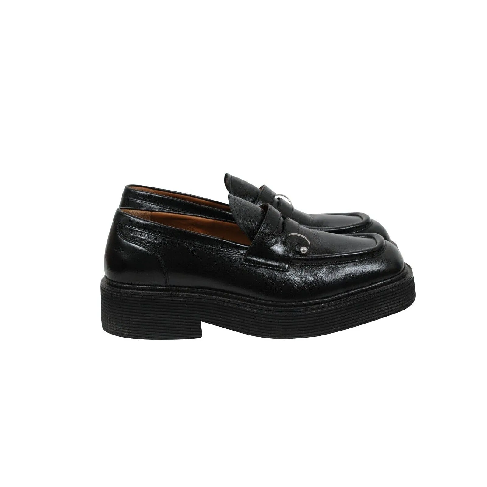 Square Toe Platform Loafers  Black Leather Metal Ring Derby
