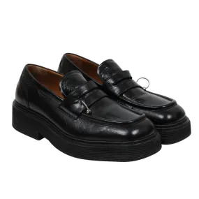 Square Toe Platform Loafers  Black Leather Metal Ring Derby