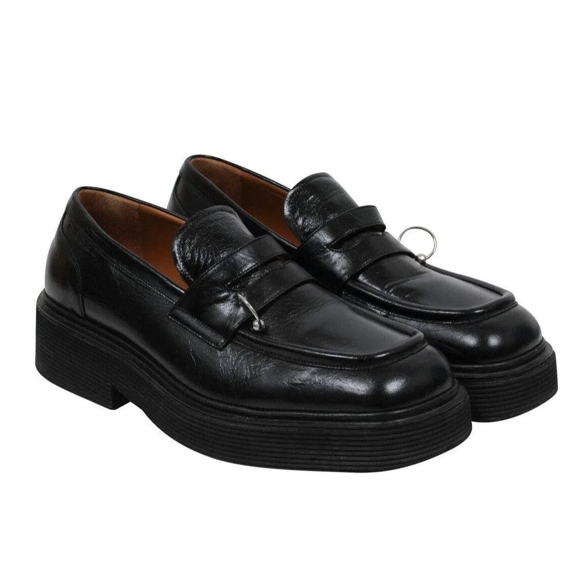 Square Toe Platform Loafers  Black Leather Metal Ring Derby
