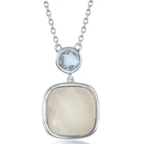 Sterling Silver Bezel Set Blue Topaz and Square Mother of Pearl Necklace (91907)