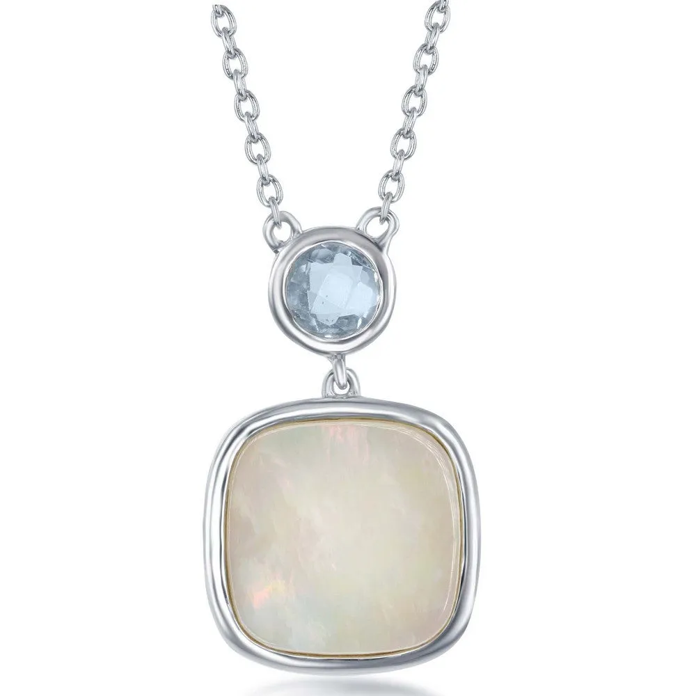 Sterling Silver Bezel Set Blue Topaz and Square Mother of Pearl Necklace (91907)
