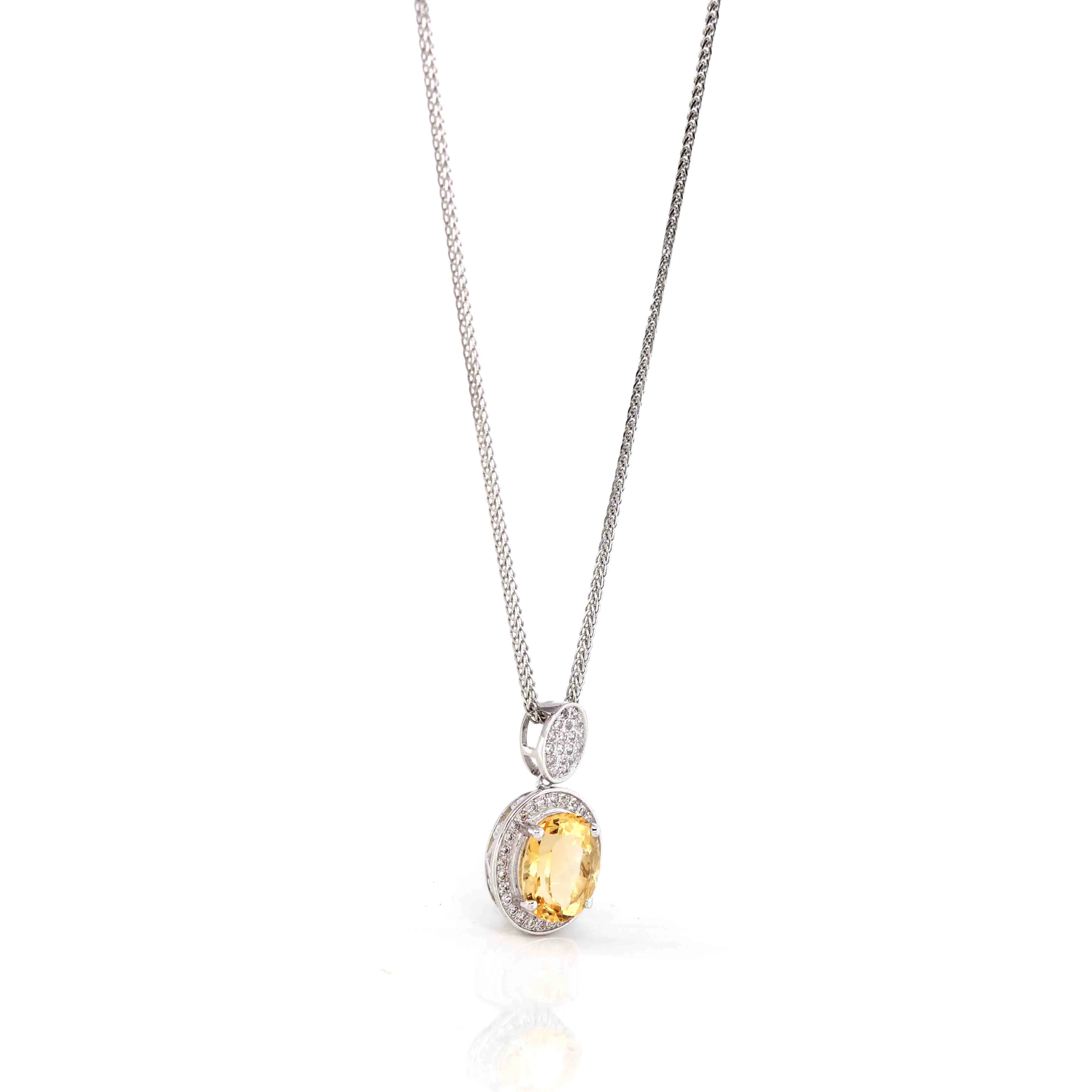 Sterling Silver Natural Oval Cut Citrine Necklace With CZ