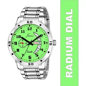 Stylish Day & Date Function Radium Dial Steel Chain Analog Watch - For Men JM7109