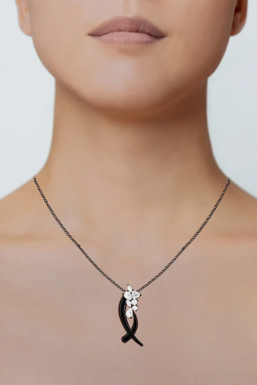 Sumi Stroke Midnight Silver Cascading White Topaz Slider Pendant Necklace