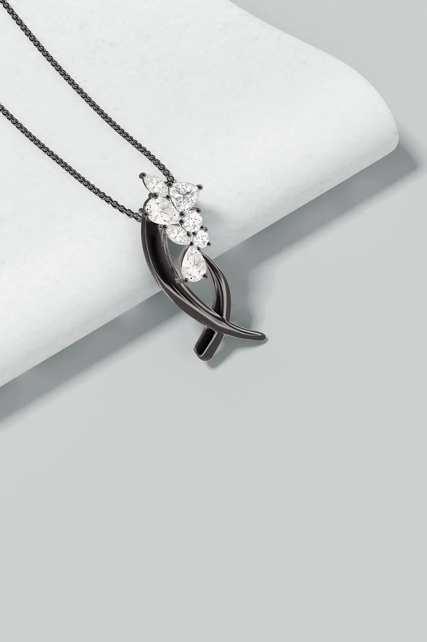 Sumi Stroke Midnight Silver Cascading White Topaz Slider Pendant Necklace