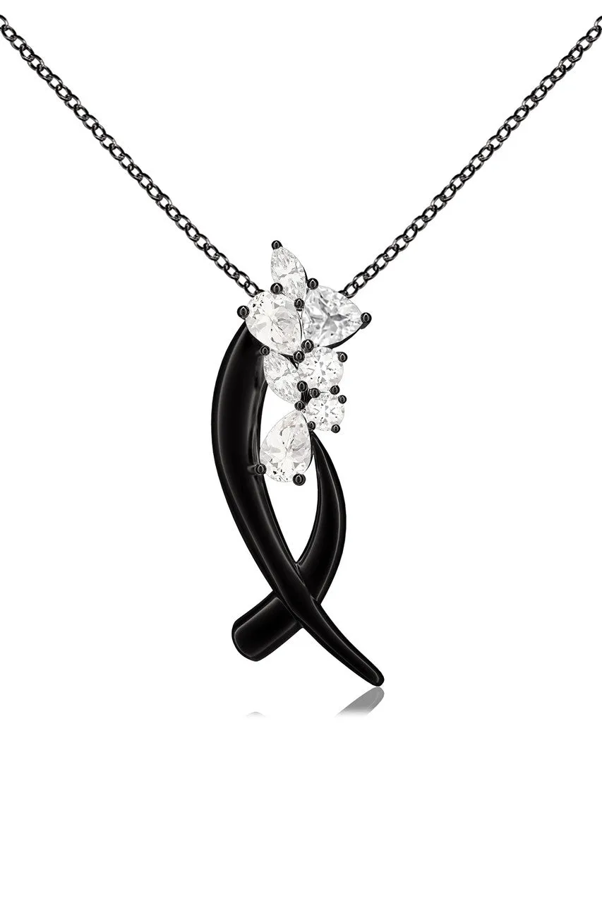 Sumi Stroke Midnight Silver Cascading White Topaz Slider Pendant Necklace