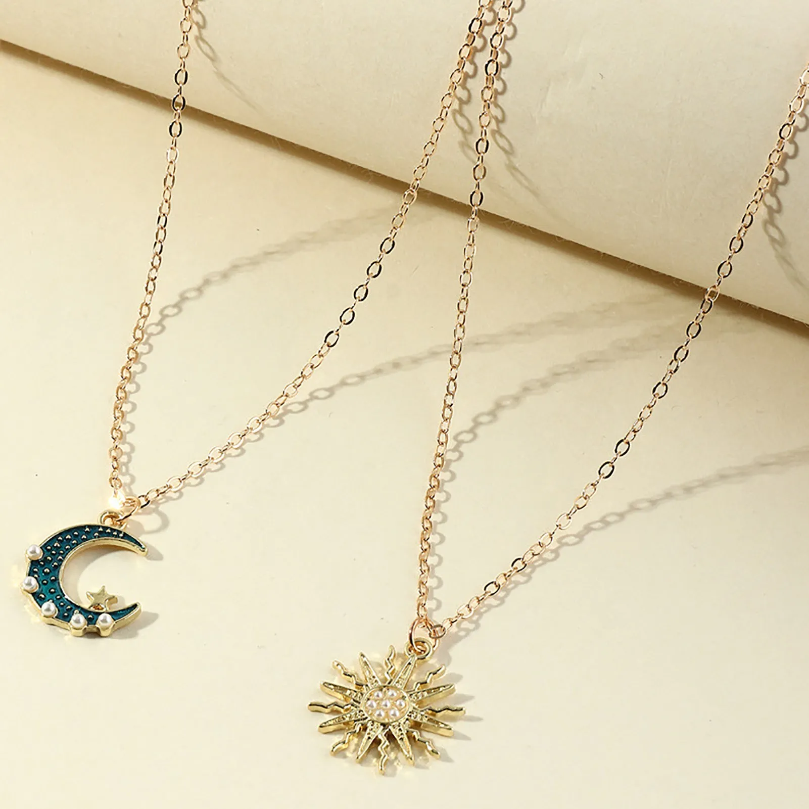 Sun Moon Necklace Blue Gold Stainless Steel Pendant Necklaces Jewelry