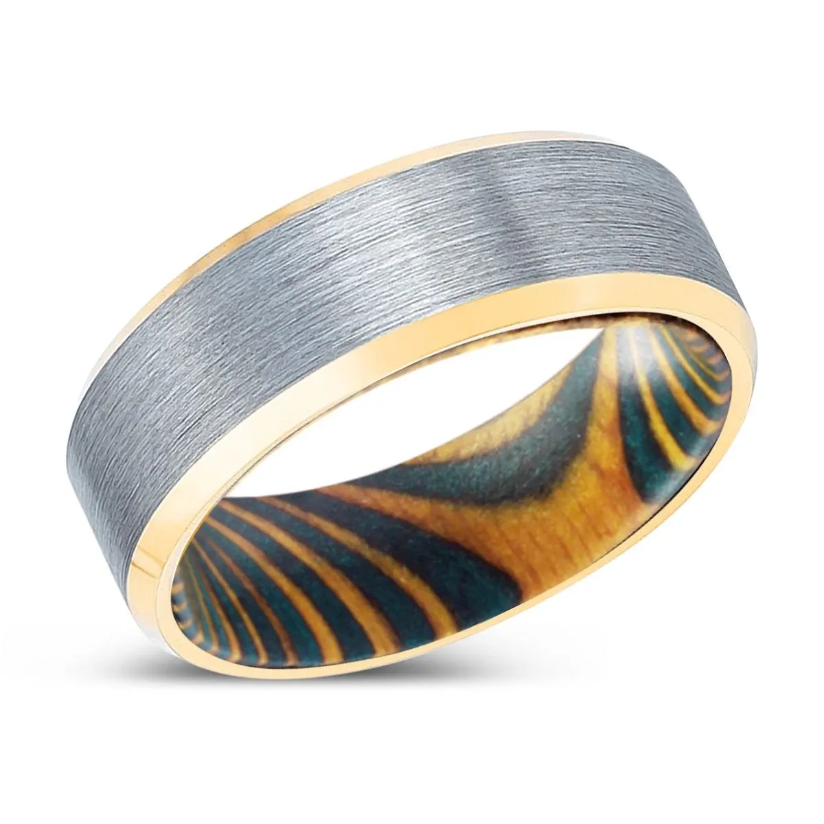 TREEBEARD | Green & Yellow Wood, Brushed, Silver Tungsten Ring, Gold Beveled Edges
