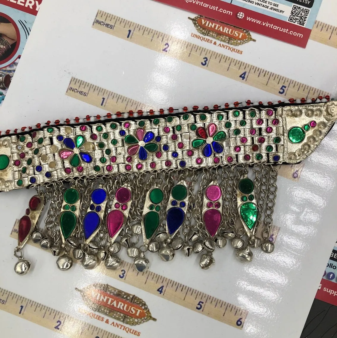 Tribal Choker With Dangling Tassels and Glass Stones