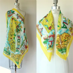 Vintage 1950s California Map Souvenir Rayon Scarf