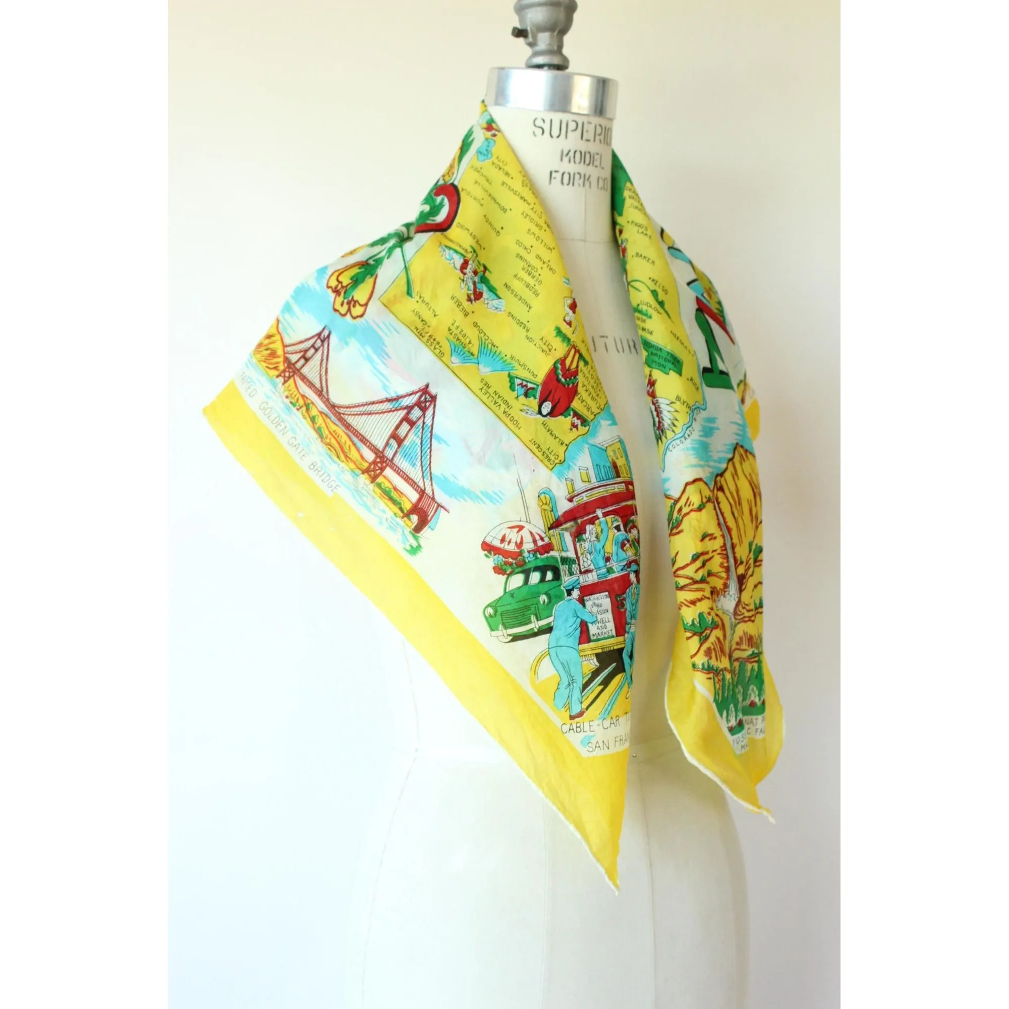 Vintage 1950s California Map Souvenir Rayon Scarf