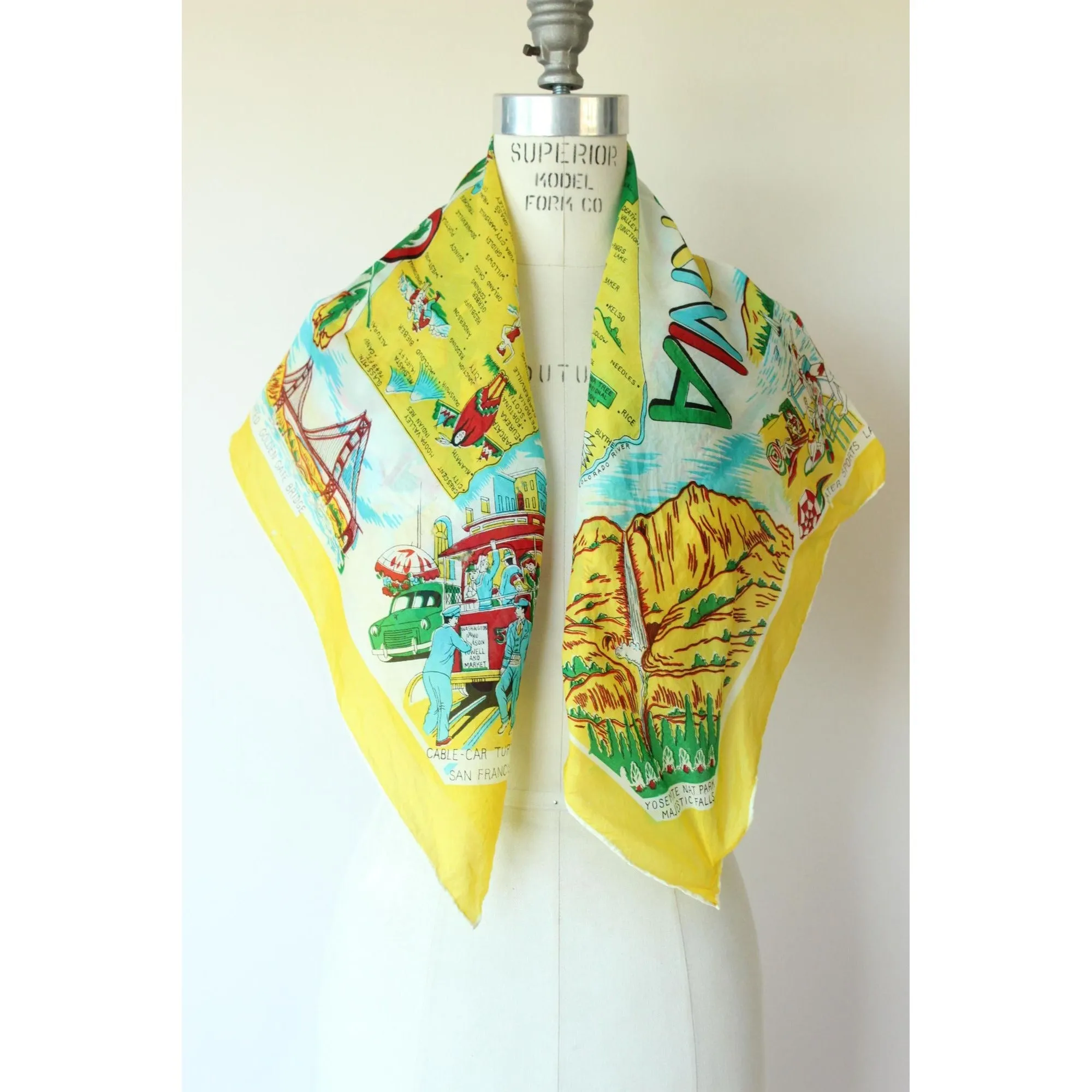 Vintage 1950s California Map Souvenir Rayon Scarf