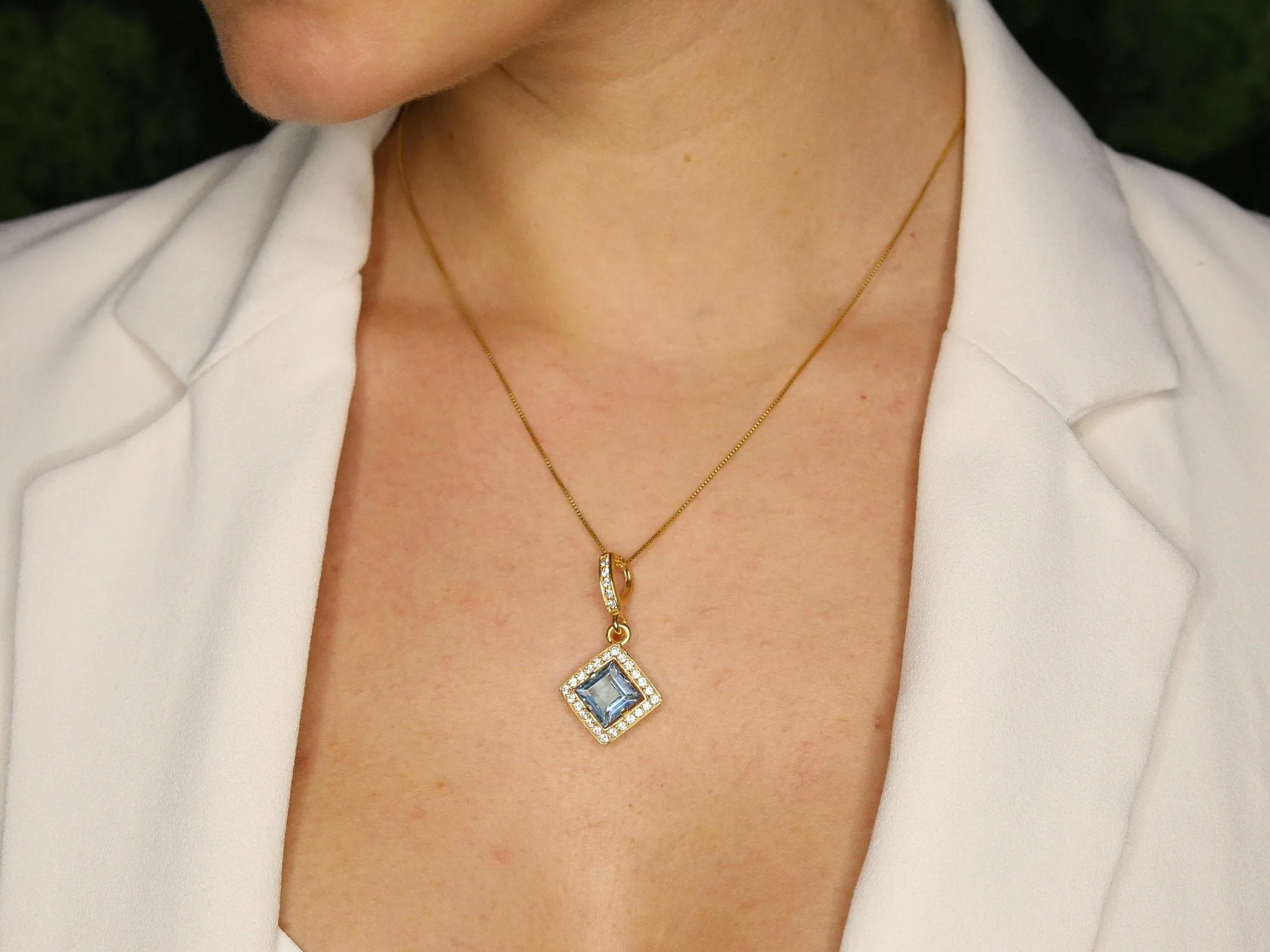 Vintage Blue Topaz Gold Pendant, Natural Blue Topaz Necklace, Square Blue Topaz Pendant