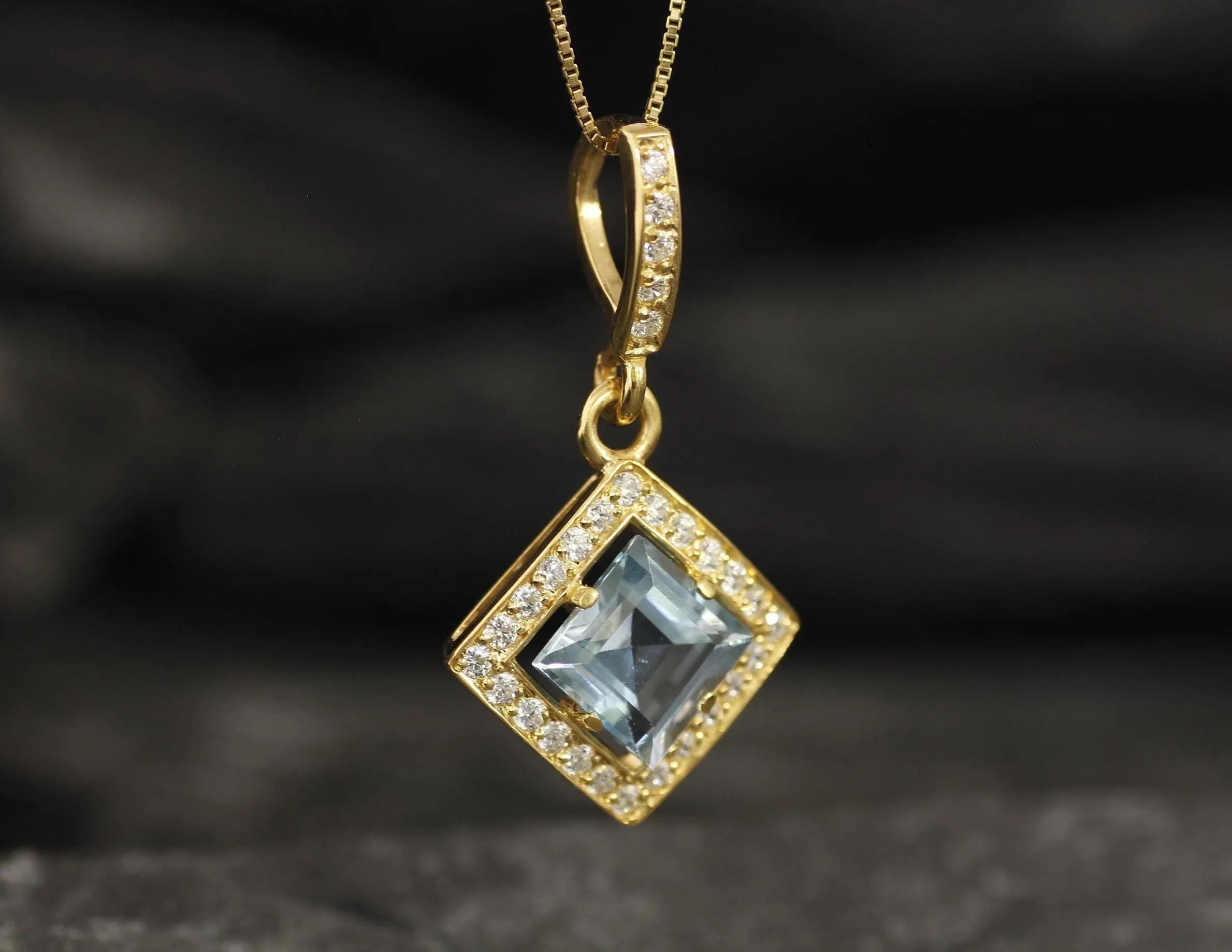 Vintage Blue Topaz Gold Pendant, Natural Blue Topaz Necklace, Square Blue Topaz Pendant