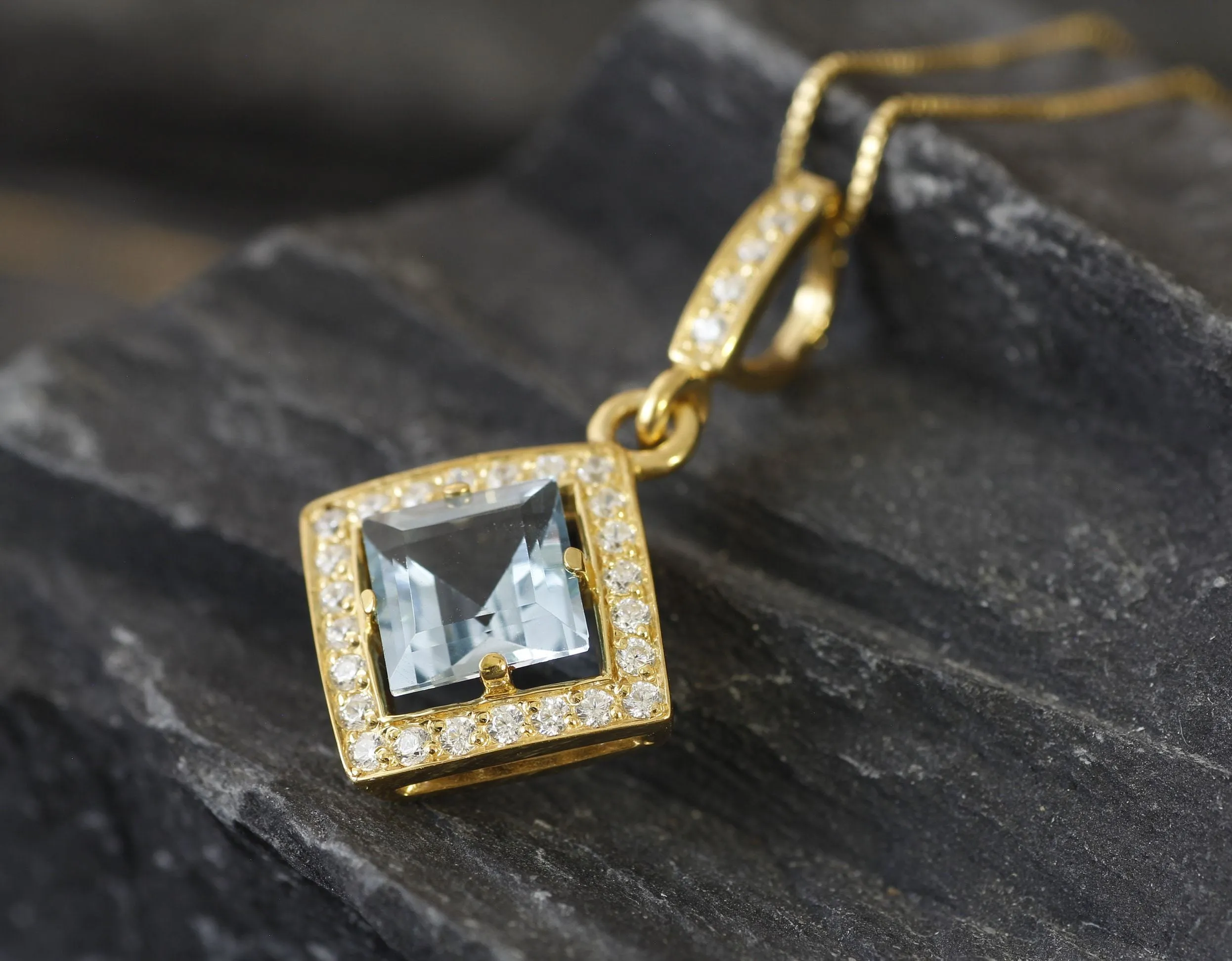 Vintage Blue Topaz Gold Pendant, Natural Blue Topaz Necklace, Square Blue Topaz Pendant