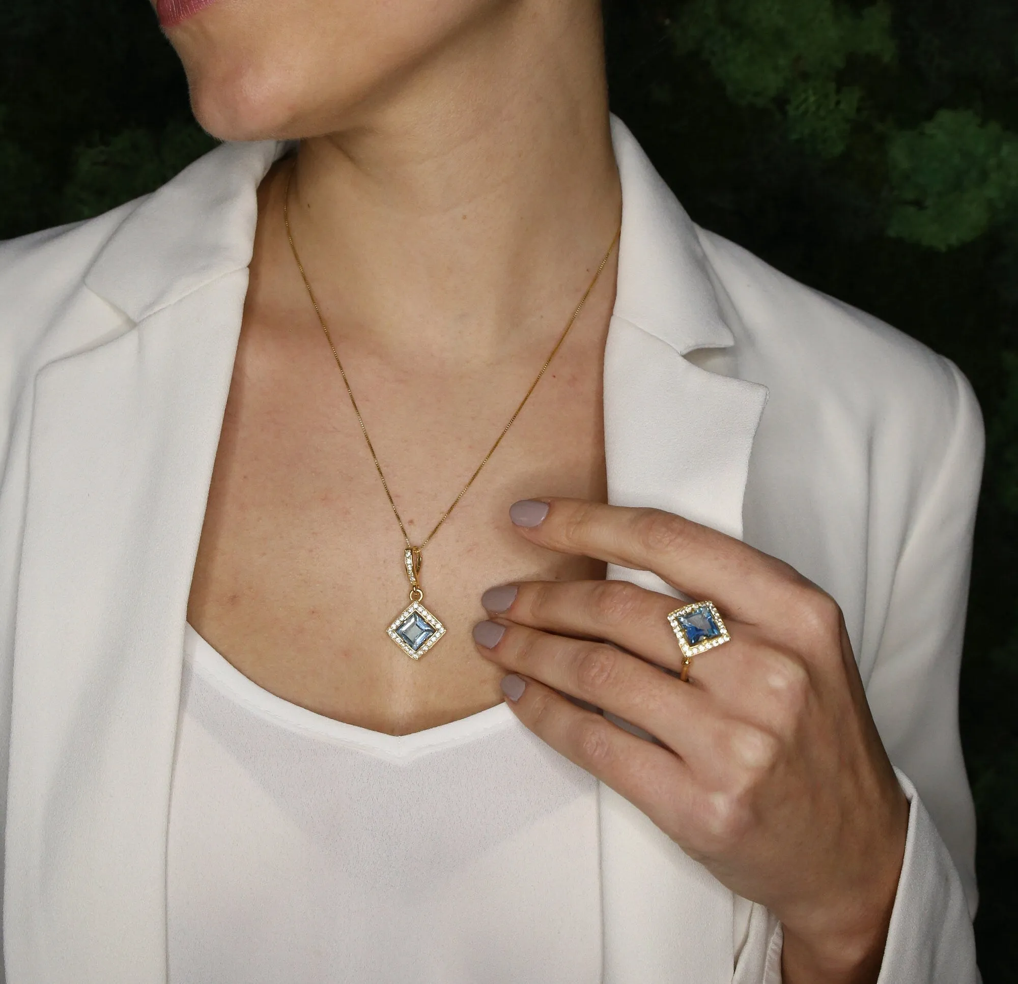 Vintage Blue Topaz Gold Pendant, Natural Blue Topaz Necklace, Square Blue Topaz Pendant
