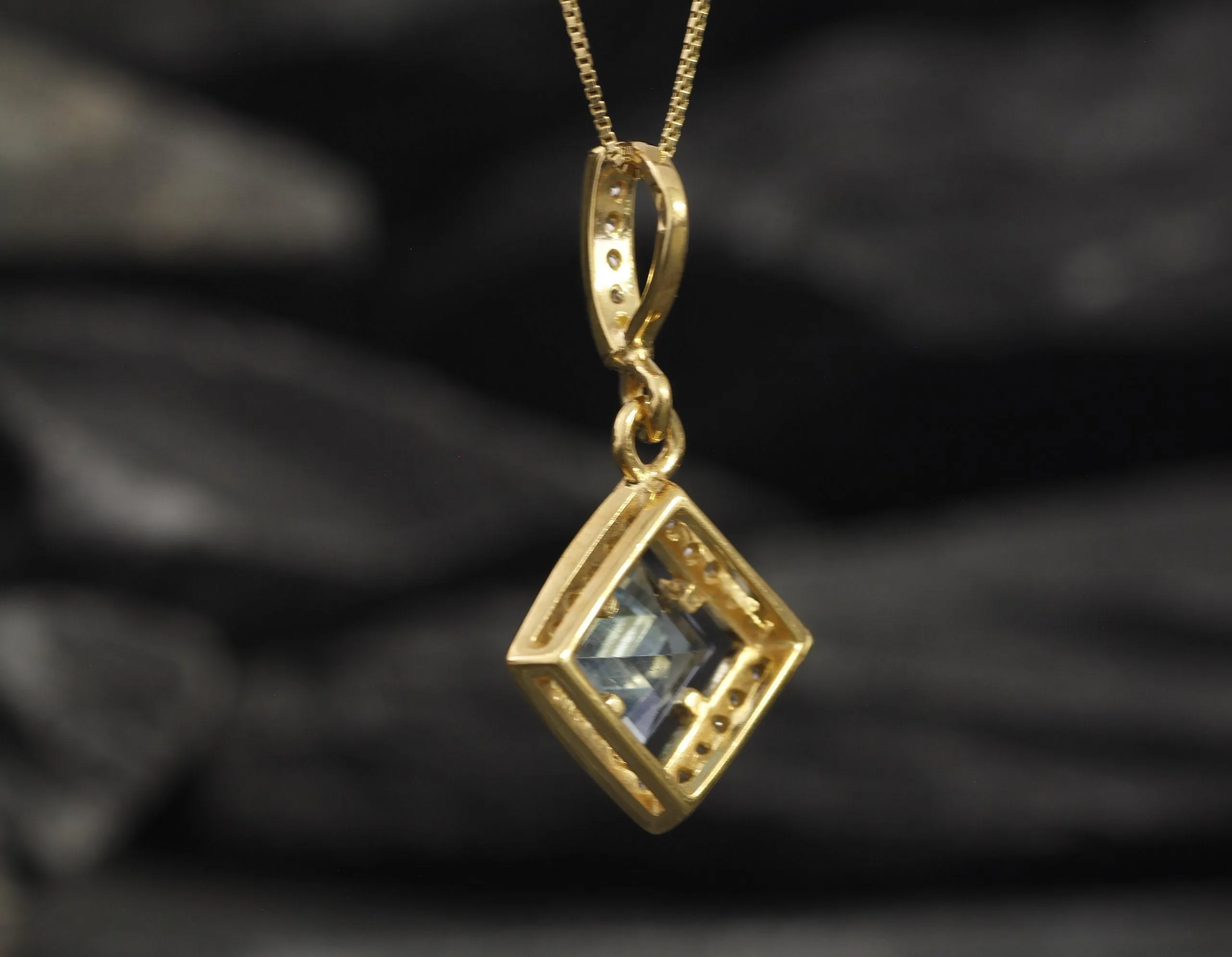 Vintage Blue Topaz Gold Pendant, Natural Blue Topaz Necklace, Square Blue Topaz Pendant