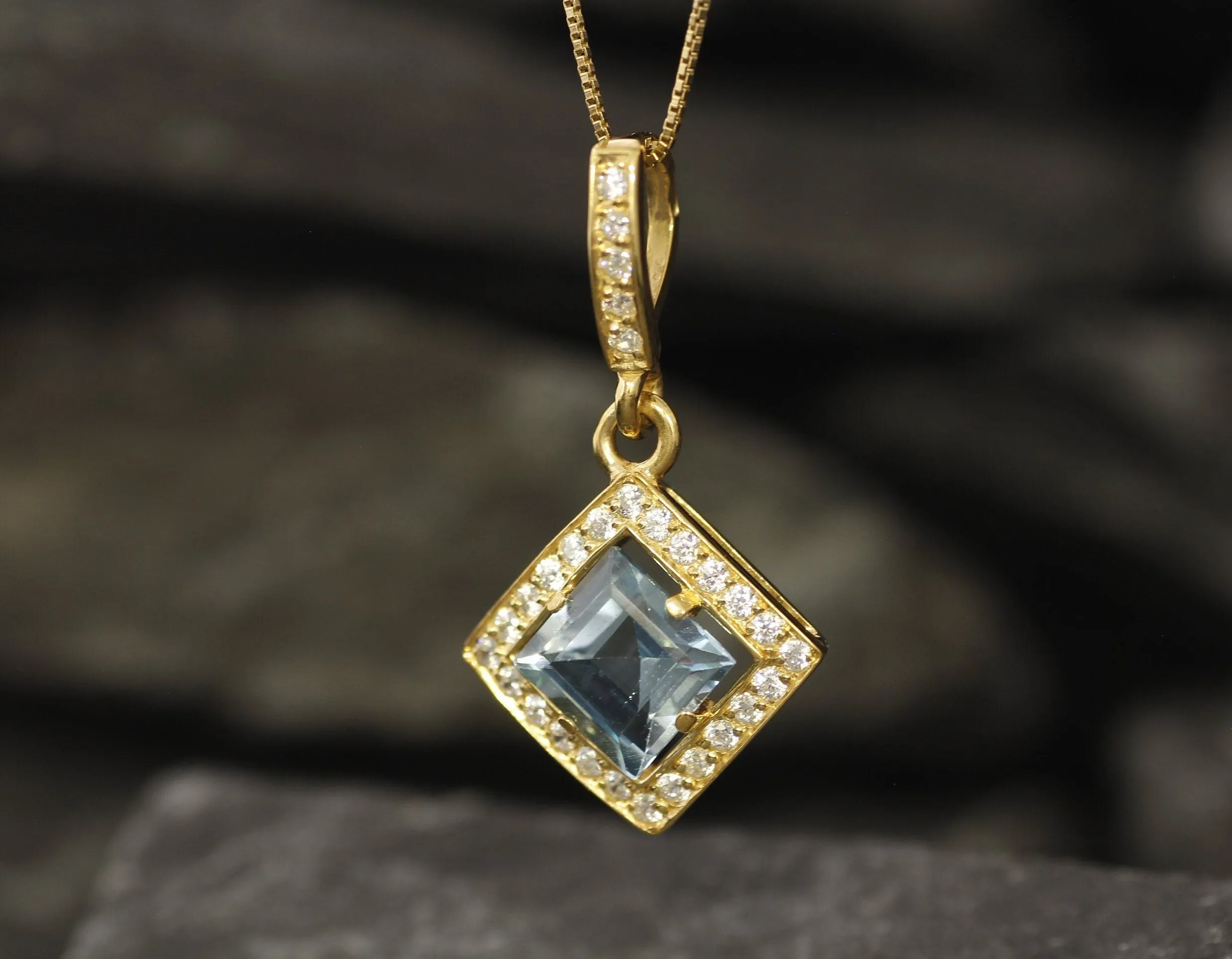 Vintage Blue Topaz Gold Pendant, Natural Blue Topaz Necklace, Square Blue Topaz Pendant