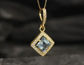 Vintage Blue Topaz Gold Pendant, Natural Blue Topaz Necklace, Square Blue Topaz Pendant