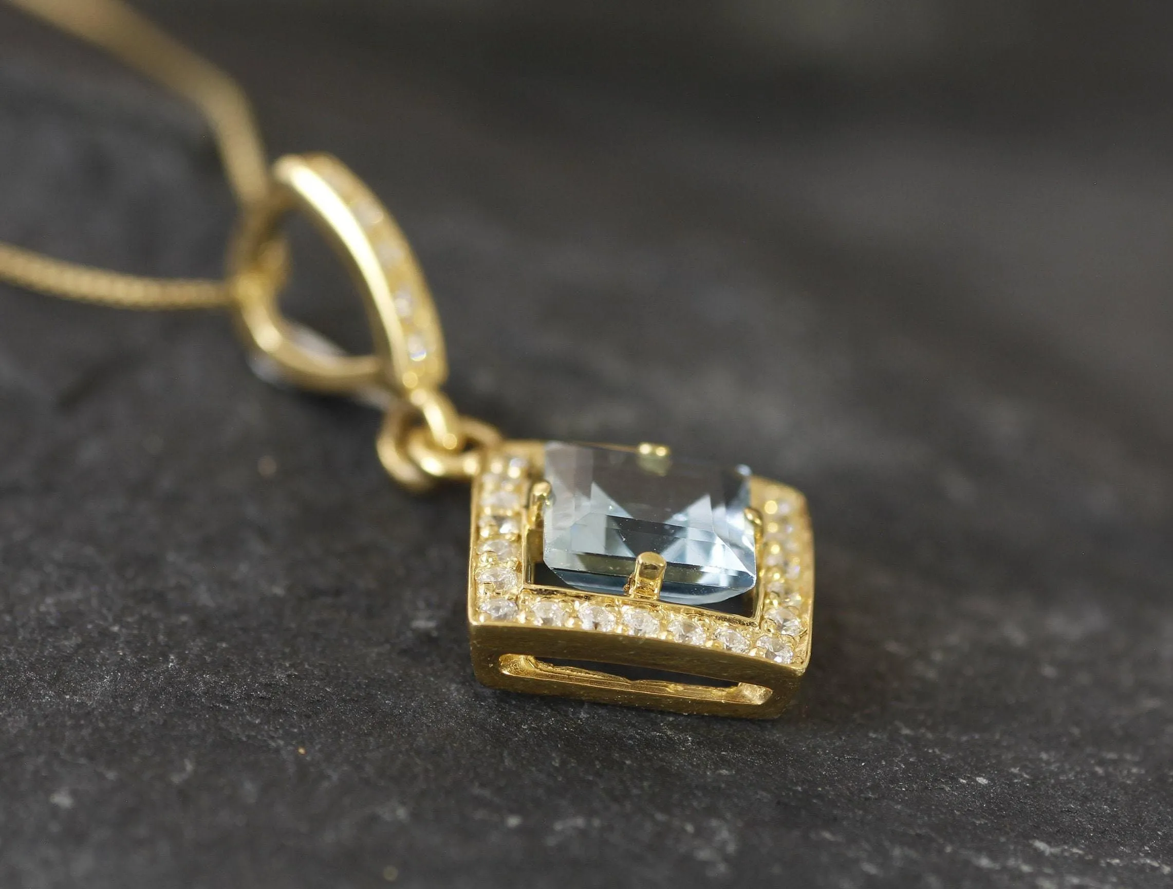 Vintage Blue Topaz Gold Pendant, Natural Blue Topaz Necklace, Square Blue Topaz Pendant
