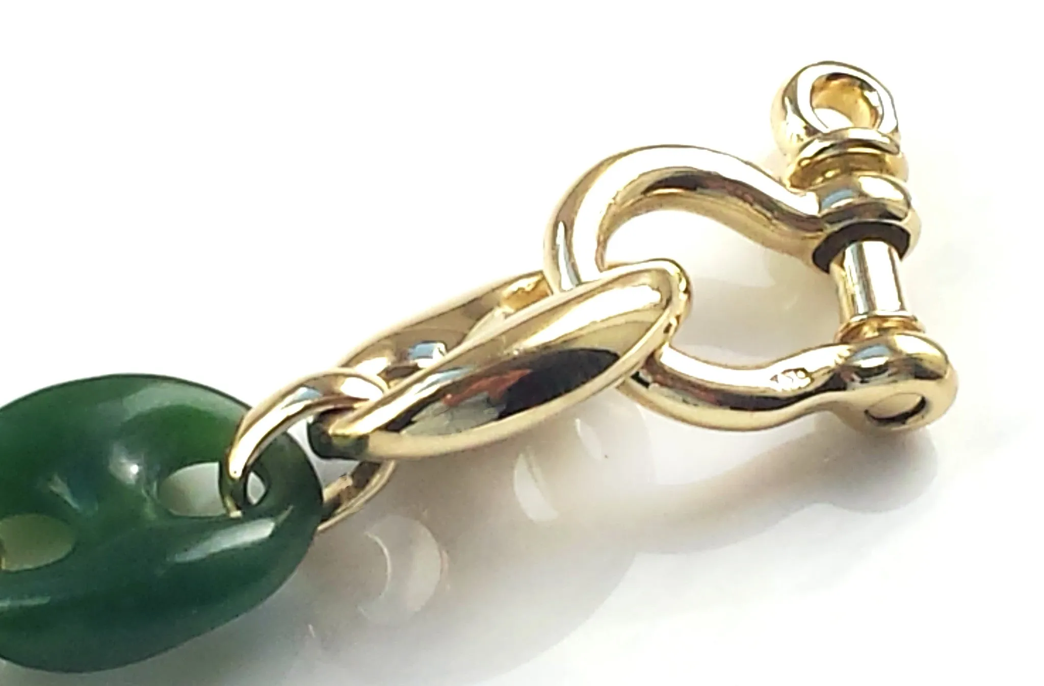 Vintage French 1970s Nephrite Jade 18k Gold Bracelet Oval Links