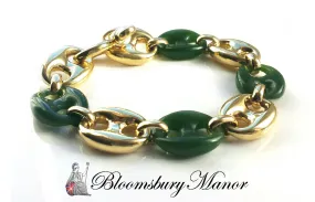 Vintage French 1970s Nephrite Jade 18k Gold Bracelet Oval Links