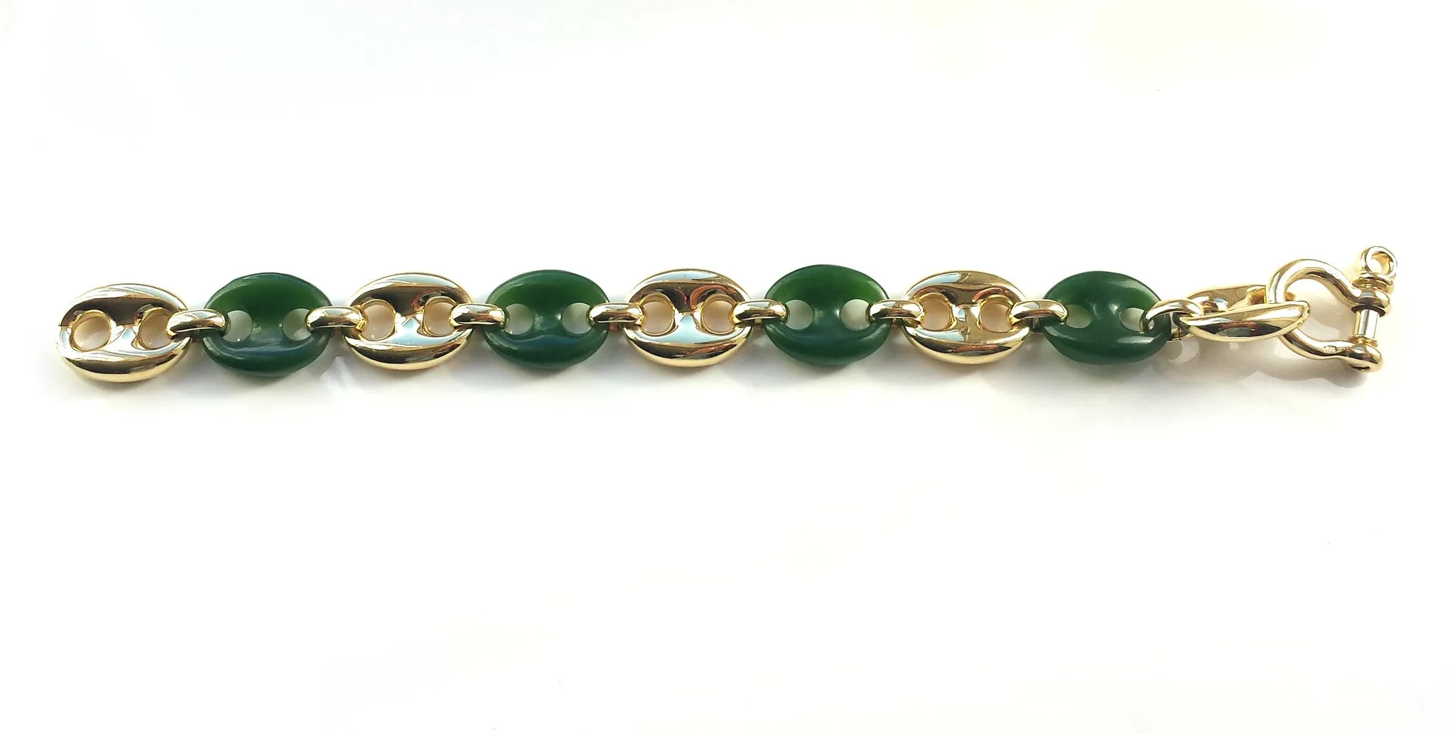 Vintage French 1970s Nephrite Jade 18k Gold Bracelet Oval Links