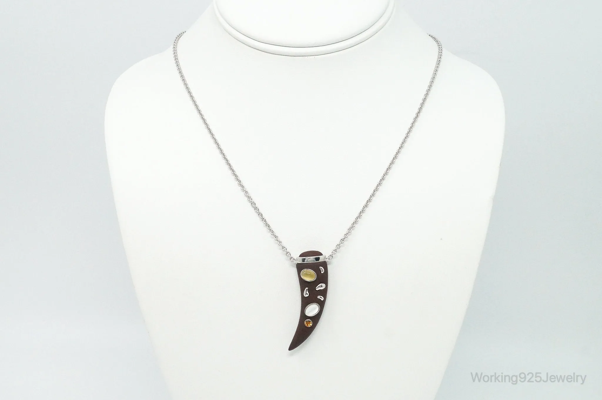 Vintage Large Wood Claw Tigers Eye Citrine Sterling Silver Necklace