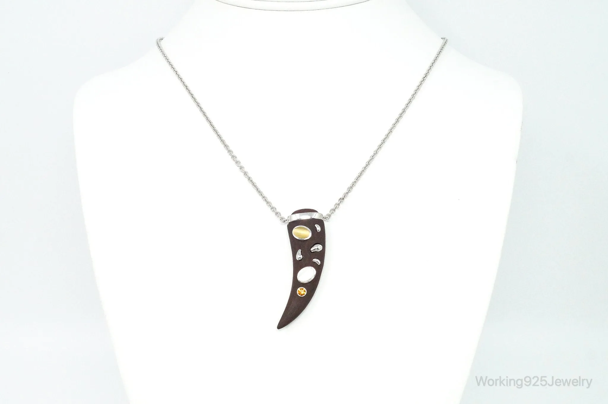 Vintage Large Wood Claw Tigers Eye Citrine Sterling Silver Necklace