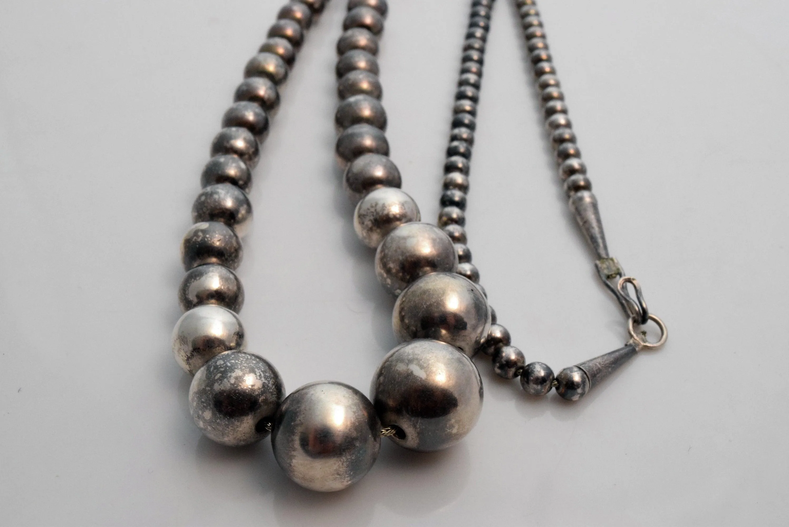 Vintage Long Navajo Sterling Silver Ball Necklace with Graduated Bench Beads
