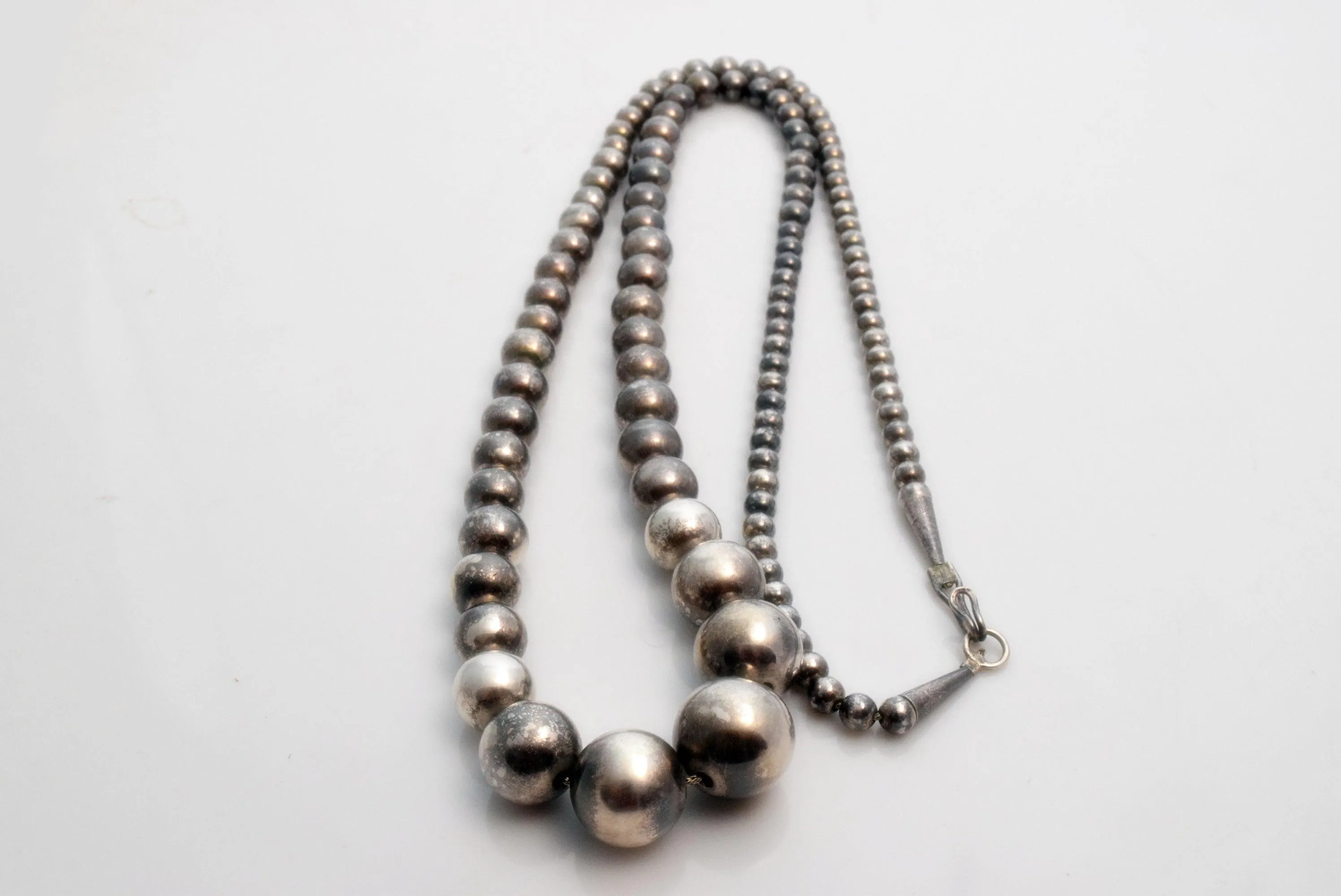 Vintage Long Navajo Sterling Silver Ball Necklace with Graduated Bench Beads