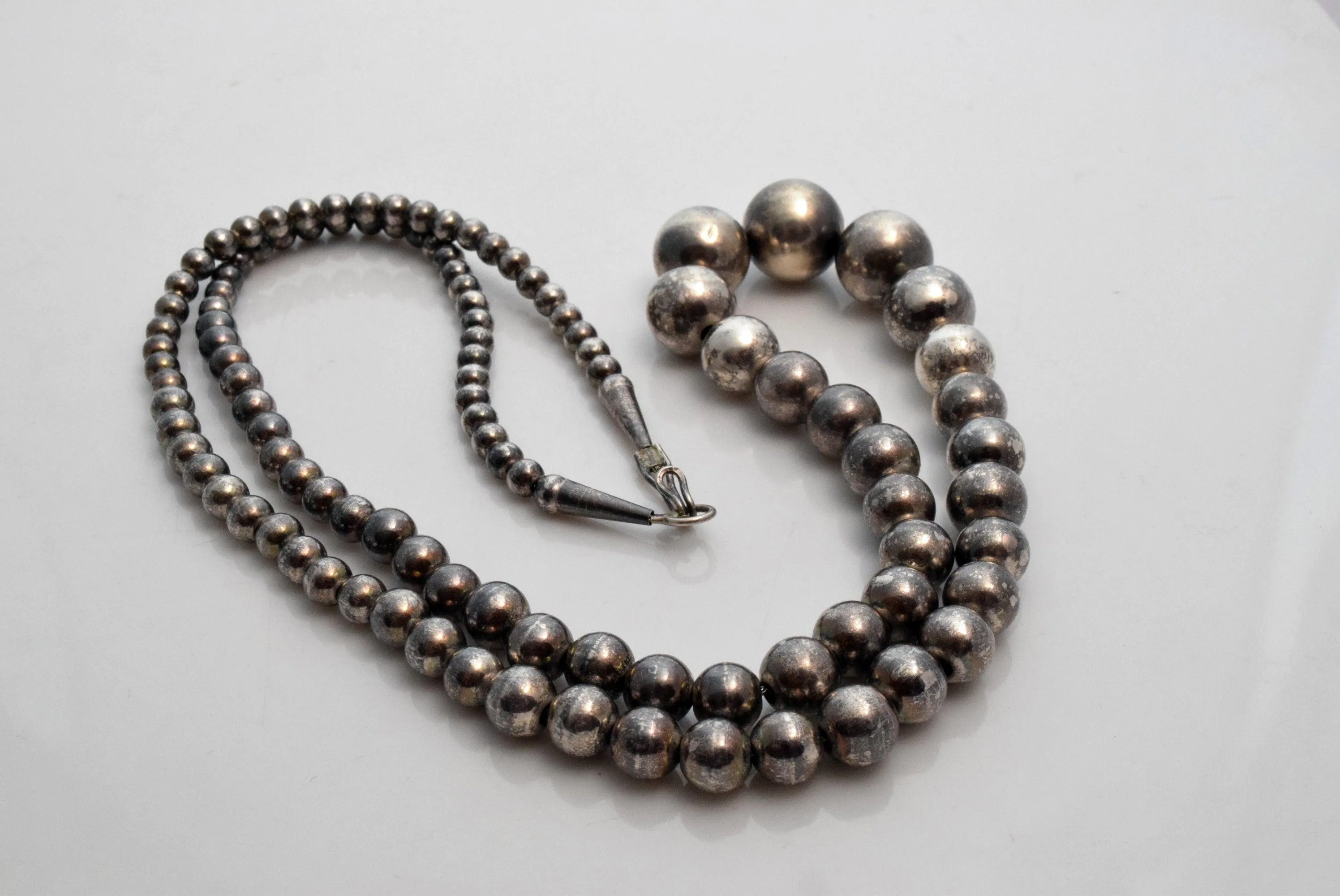 Vintage Long Navajo Sterling Silver Ball Necklace with Graduated Bench Beads