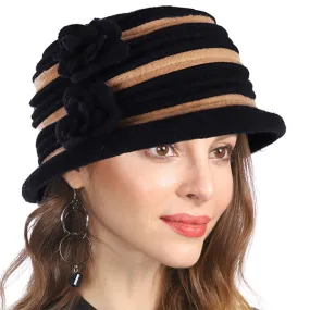Vintage Women Floral Wool Dress Cloche Winter Hat 1920s