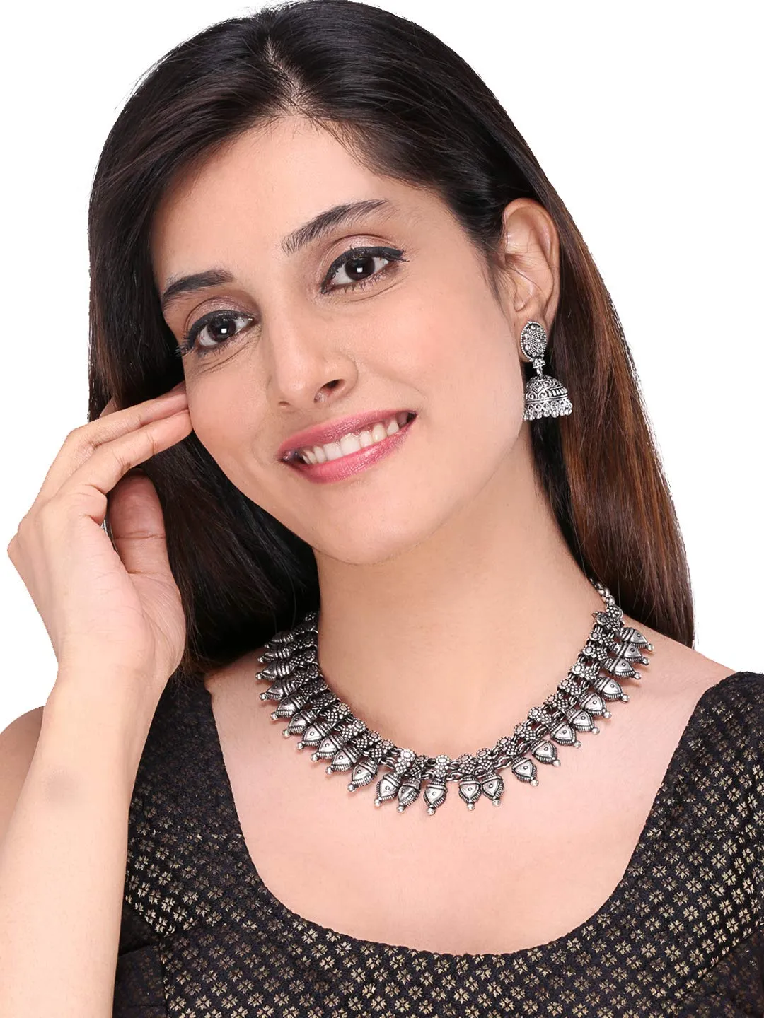 Yellow Chimes Jewellery Set for Women and Girls Traditional Silver Oxidised Jewellery Set Silver Choker Set | Kohlapuri Tribal Style Choker Necklace Set for Women | Birthday Gift For Girls and Women Anniversary Gift for Wife
