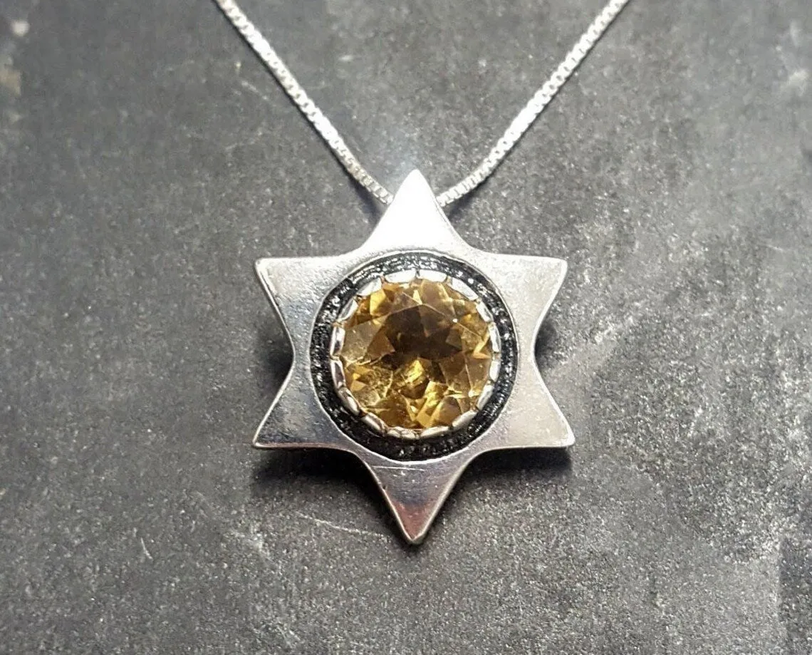 Yellow Star Pendant - Real Citrine Necklace - Silver Star Necklace