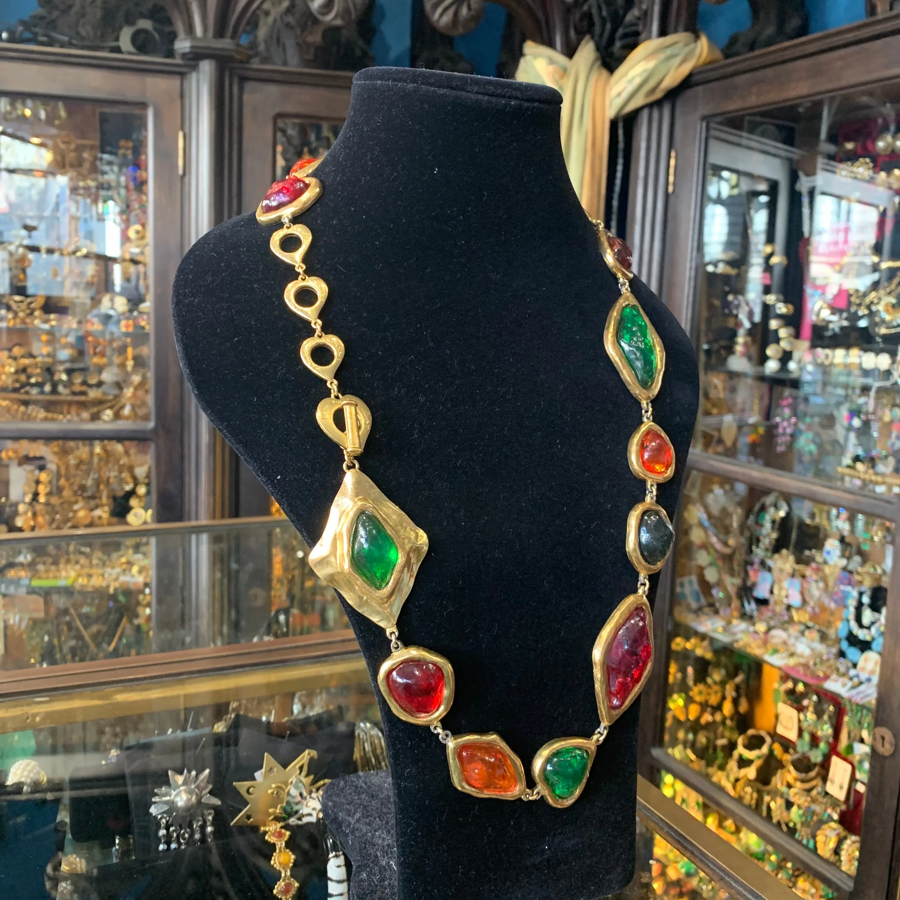 Yves Saint Laurent Large Statement Necklace red green orange Gripoix glass Rive Gauche