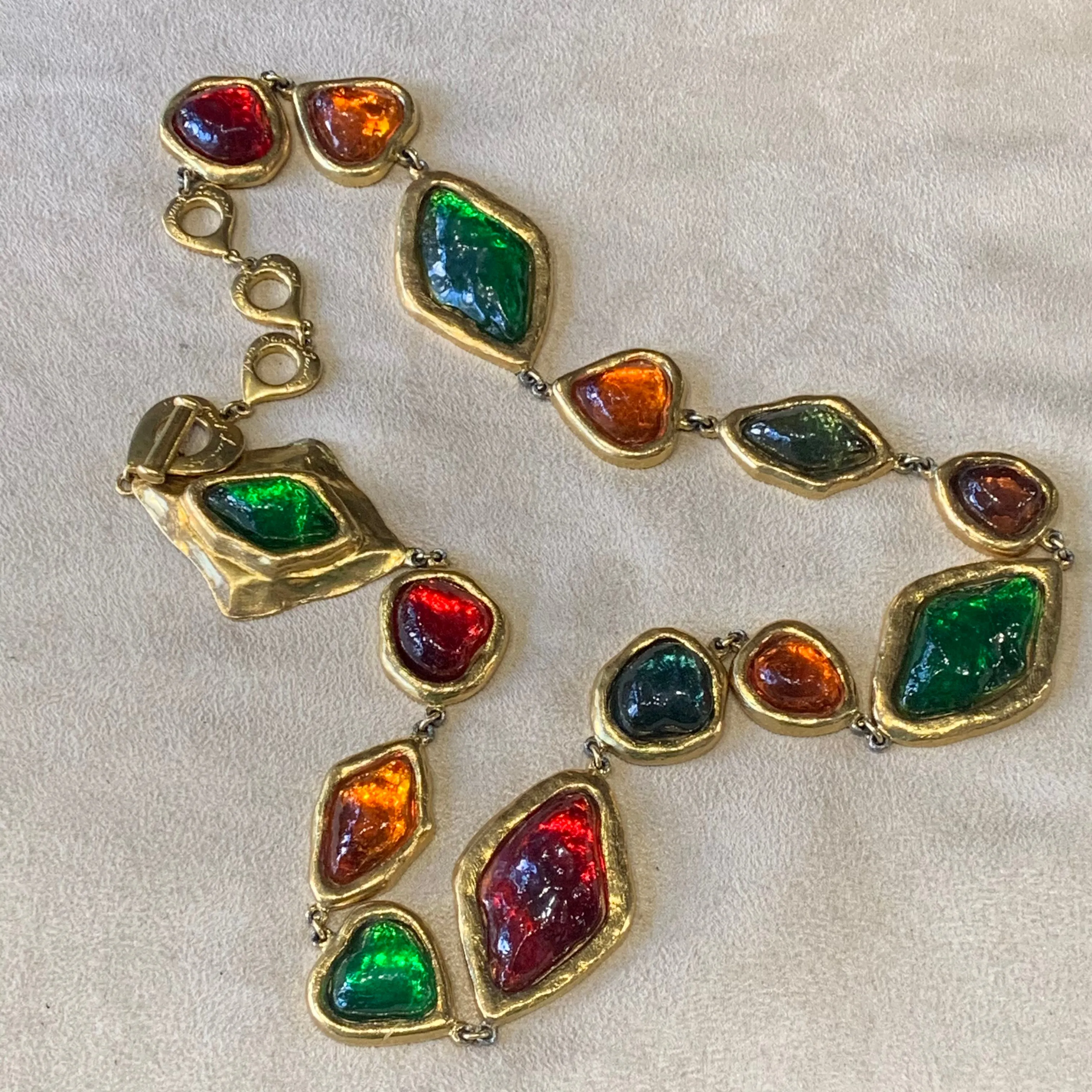 Yves Saint Laurent Large Statement Necklace red green orange Gripoix glass Rive Gauche
