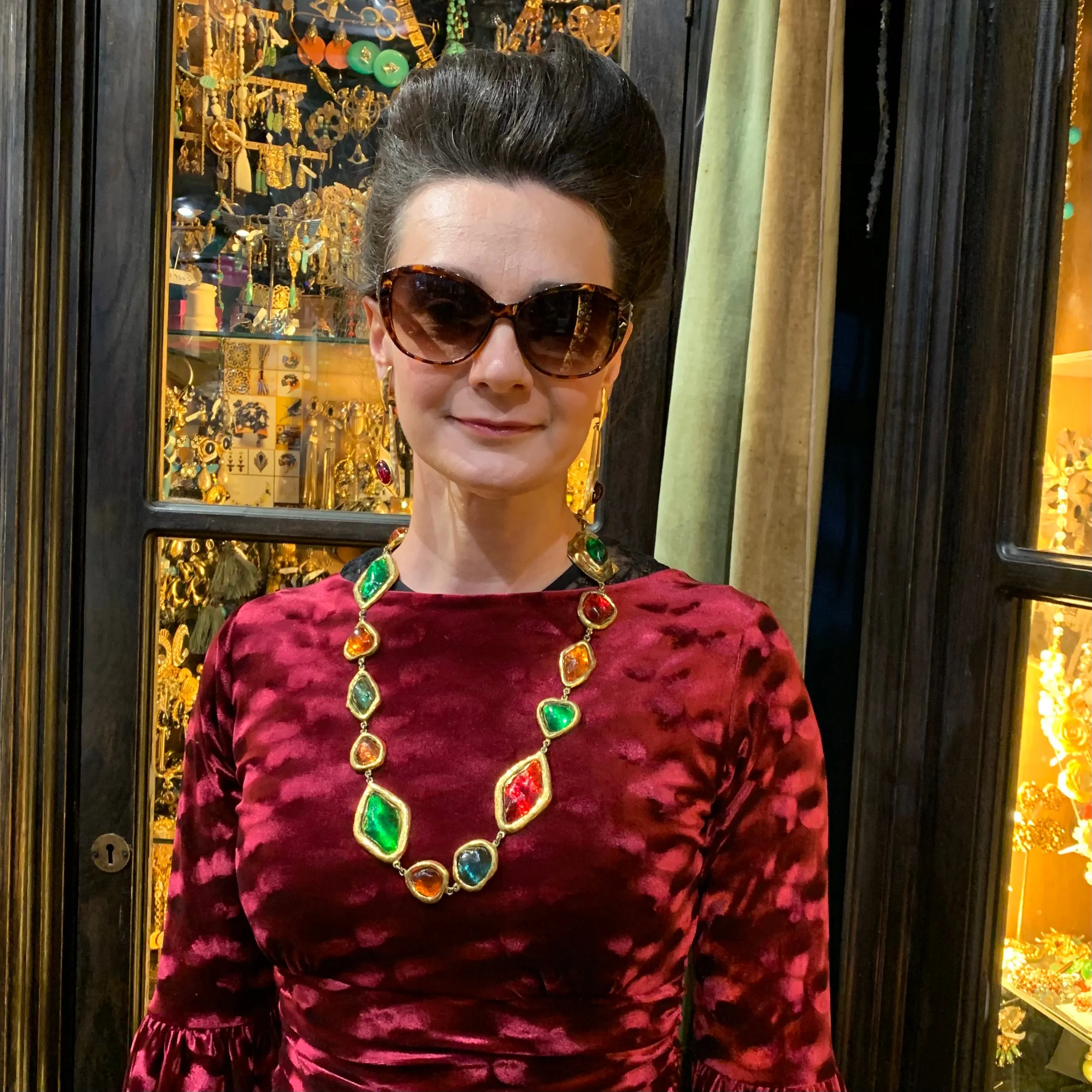 Yves Saint Laurent Large Statement Necklace red green orange Gripoix glass Rive Gauche